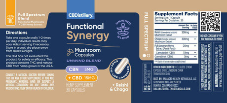 CBDistillery Functional Synergy Unwind Mushroom Capsules 5mg CBN and 15mg CBD, 30ct image 3